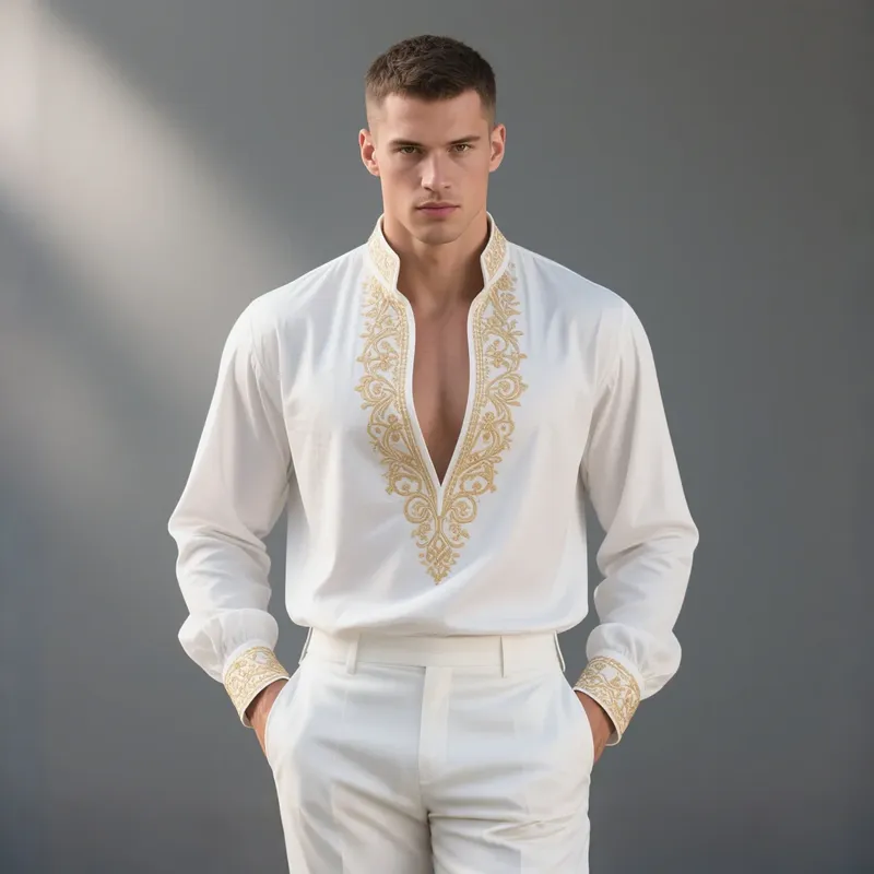 Men's Vintage Embroidered Stand Collar Long Sleeve Shirt MTA0927F2Z sold by Manly product image thumbnail 3