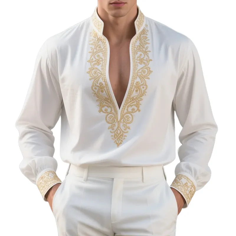 Men's Vintage Embroidered Stand Collar Long Sleeve Shirt MTA0927F2Z sold by Manly