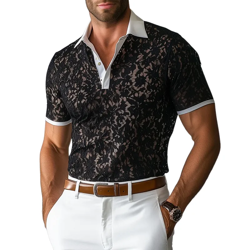 Men's Colorblock Lace Lapel Short Sleeve Polo Shirt MTA0975F3Z sold by Manly