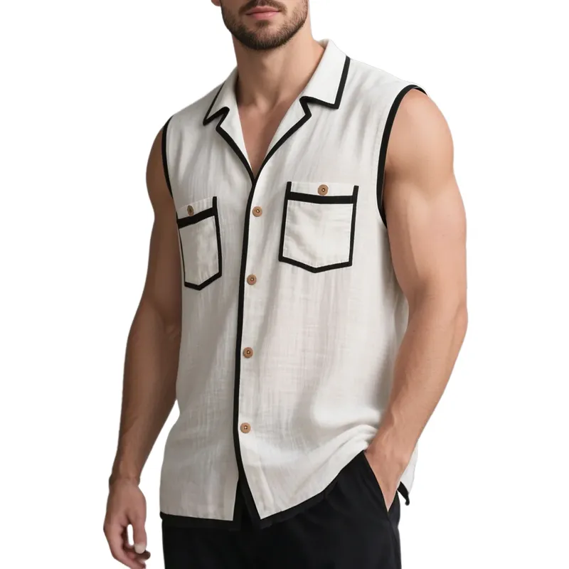 Men's Colorblock Lapel Chest Pocket Sleeveless Shirt MTA0951F4Z sold by Manly