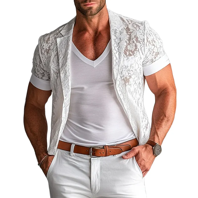 Men's Lace Notch Lapel Short Sleeve Two Buttons Blazer MTA0939F6Z sold by Manly
