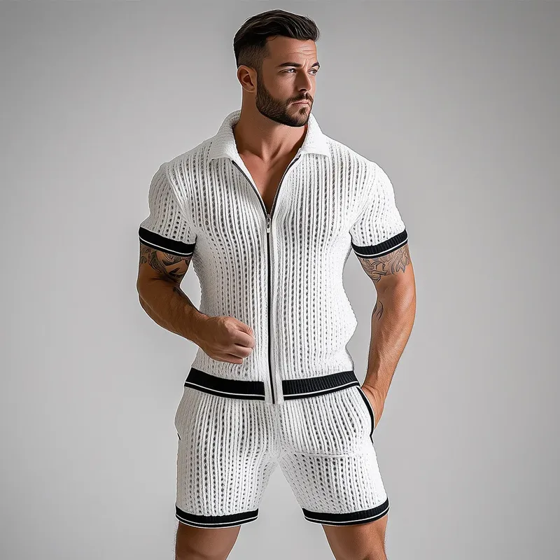 Men's Colorblock Knit Lapel Zipper Short Sleeve Shirt Shorts Set MTA0970F0Z sold by Manly product image thumbnail 3