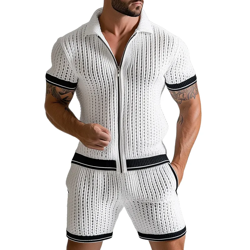 Men's Colorblock Knit Lapel Zipper Short Sleeve Shirt Shorts Set MTA0970F0Z sold by Manly