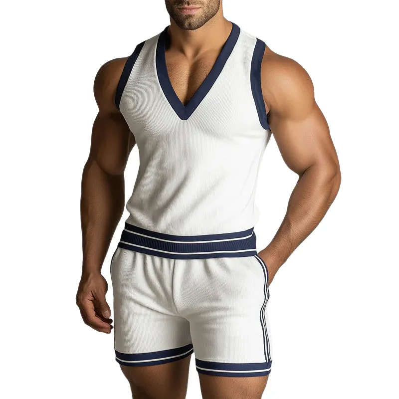 Men's Colorblock Striped V Neck Sleeveless Tank Top Shorts Set MTA0952F9Z sold by Manly