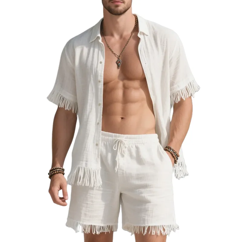 Men's Solid Color Cotton And Linen Tassel Lapel Short Sleeve Shirt And Shorts Set MTA0913F4Z sold by Manly