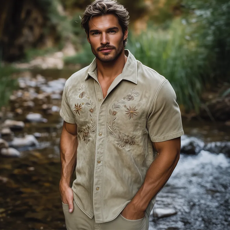 Men's Summer Suede Embroidered Short Sleeve Shirt MTA0963F3U sold by Manly product image thumbnail 3