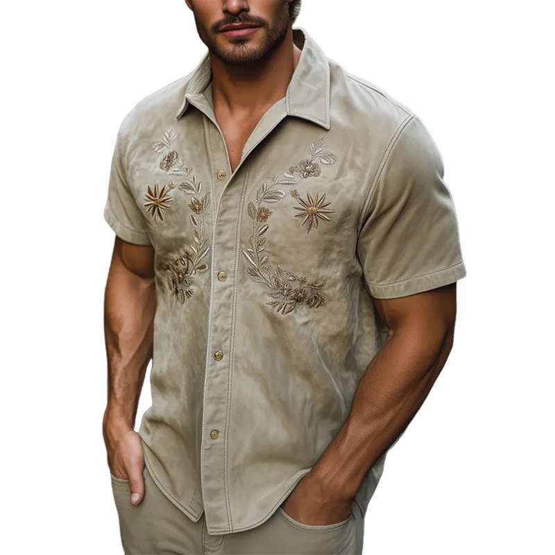 Men's Summer Suede Embroidered Short Sleeve Shirt MTA0963F3U sold by Manly