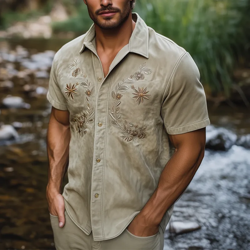 Men's Summer Suede Embroidered Short Sleeve Shirt MTA0963F3U sold by Manly product image thumbnail 2