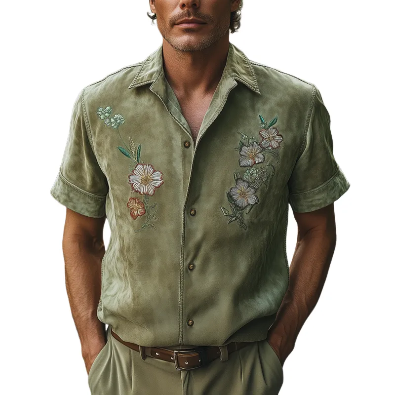 Men's Summer Suede Exquisite Floral Embroidery Short Sleeve Shirt MTA0904F2U sold by Manly