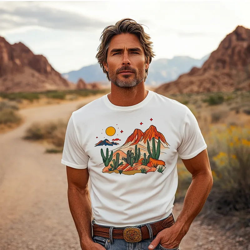Men's Western Cowboy Desert Printed Round Neck Short Sleeve T-Shirt MTA1096F9X sold by Manly product image thumbnail 3