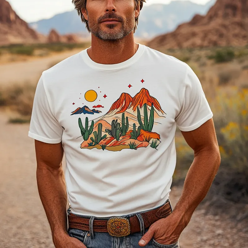 Men's Western Cowboy Desert Printed Round Neck Short Sleeve T-Shirt MTA1096F9X sold by Manly product image thumbnail 2
