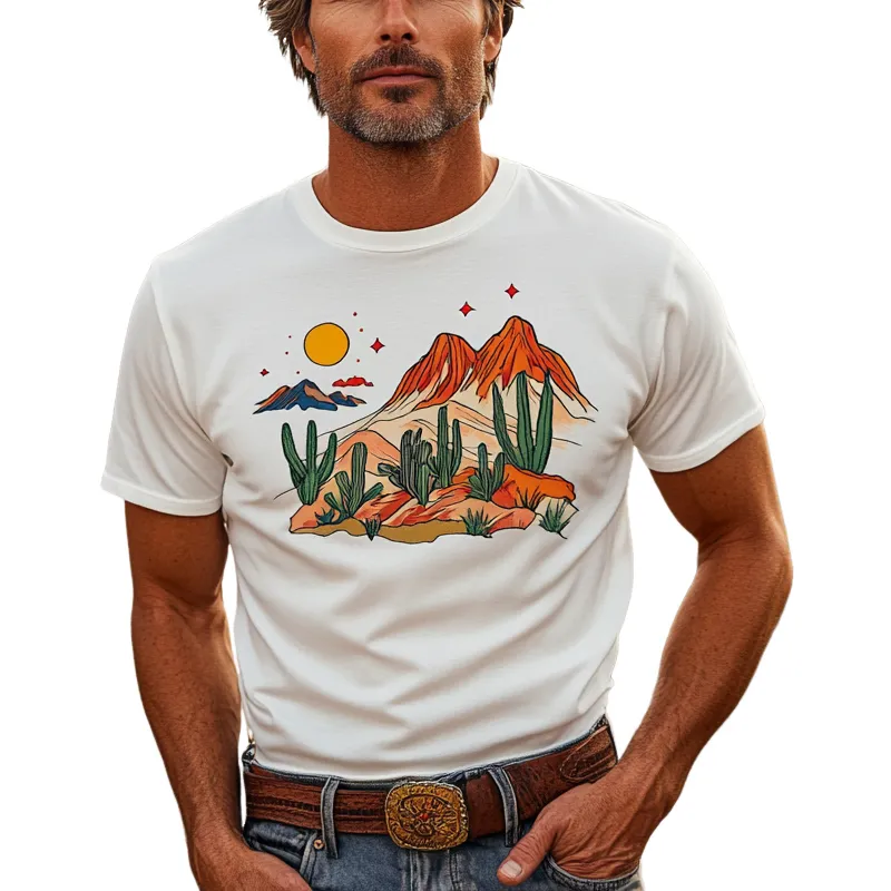 Men's Western Cowboy Desert Printed Round Neck Short Sleeve T-Shirt MTA1096F9X sold by Manly