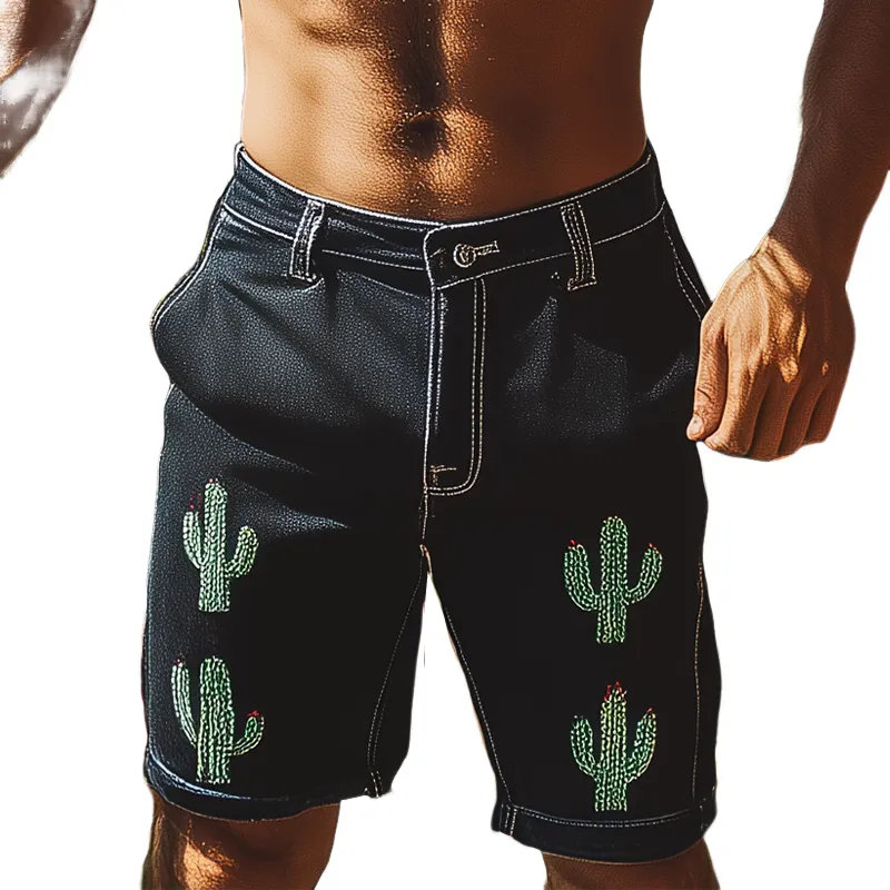 Men's Summer Fashion Italian Sicily Style Washed Denim Cactus Embroidery Casual Shorts MTA1084F5K sold by Manly