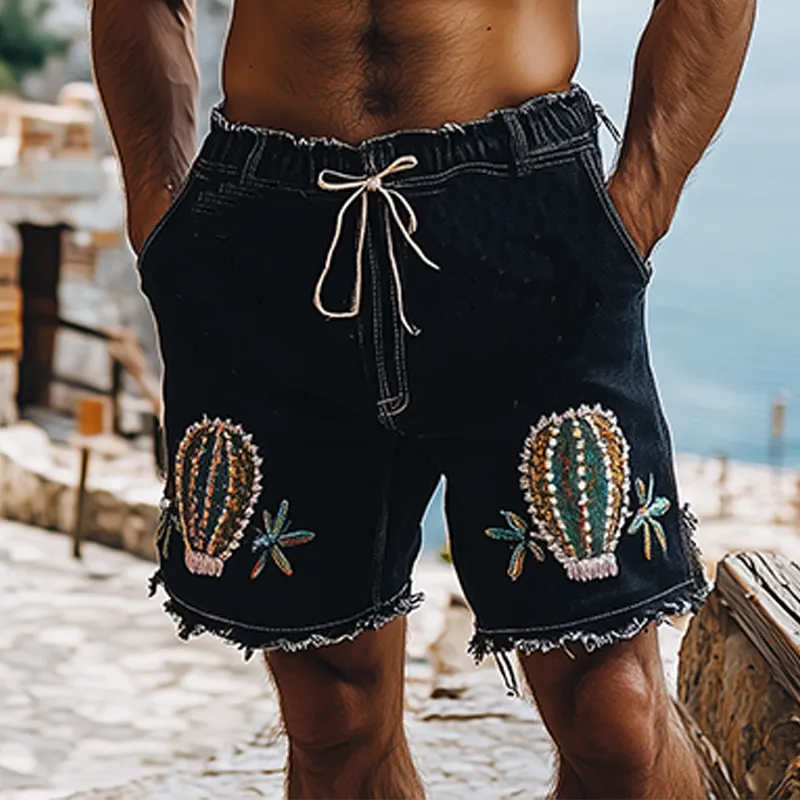 Men's Summer Fashion Italian Sicily Style Washed Denim Embroidery Elastic Waist Trousers Hem Casual Shorts MTA1092F4K sold by Manly product image thumbnail 2