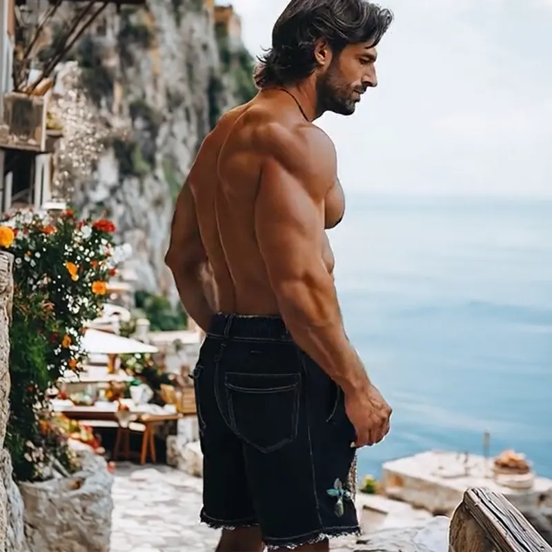 Men's Summer Fashion Italian Sicily Style Washed Denim Embroidery Elastic Waist Trousers Hem Casual Shorts MTA1092F4K sold by Manly product image thumbnail 4