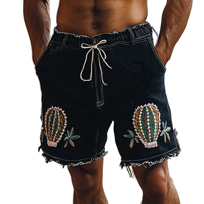 Men's Summer Fashion Italian Sicily Style Washed Denim Embroidery Elastic Waist Trousers Hem Casual Shorts MTA1092F4K sold by Manly