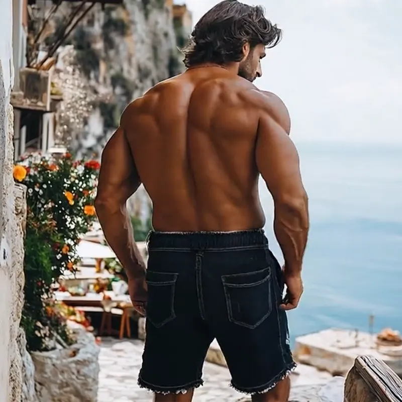 Men's Summer Fashion Italian Sicily Style Washed Denim Embroidery Elastic Waist Trousers Hem Casual Shorts MTA1092F4K sold by Manly product image thumbnail 5