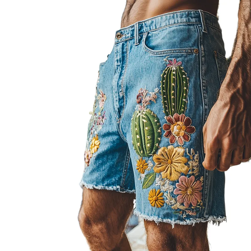 Men's Summer Fashion Italian Sicily Style Washed Denim Embroidered Trousers Hem Casual Shorts MTA1011F8K sold by Manly