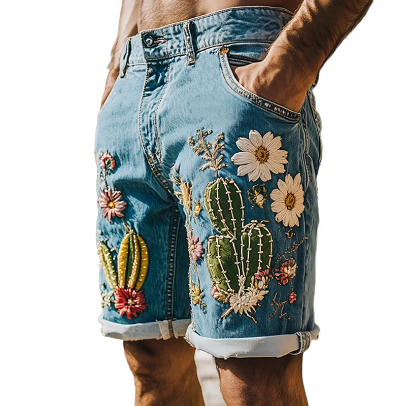Men's Summer Fashion Italian Sicily Style Washed Denim Embroidery Casual Shorts MTA1076F1K sold by Manly