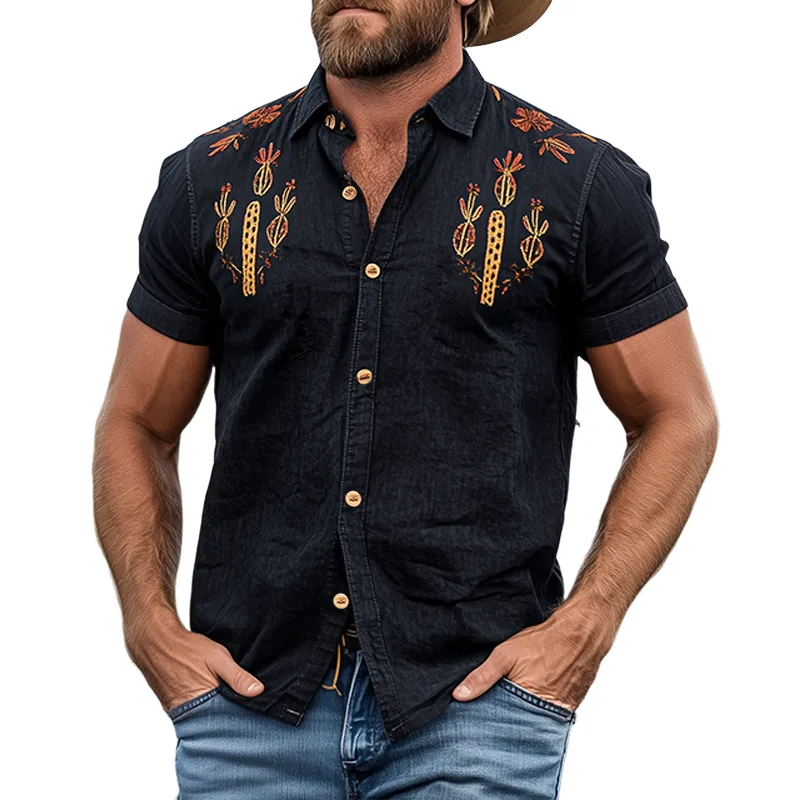 Men's Summer Casual American Retro Western Tough Style Black Washed Thin Denim Cactus Embroidered Slim Short-sleeved Pearl Snap Shirt MTA1040F3K sold by Manly