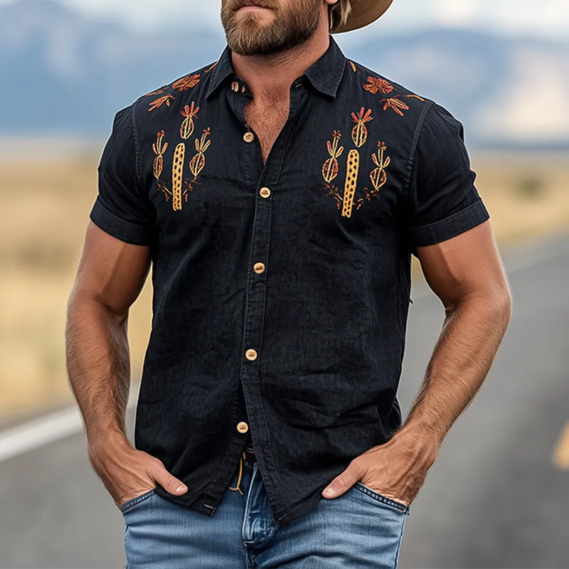 Men's Summer Casual American Retro Western Tough Style Black Washed Thin Denim Cactus Embroidered Slim Short-sleeved Pearl Snap Shirt MTA1040F3K sold by Manly product image thumbnail 2