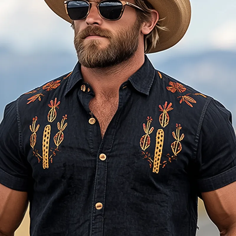 Men's Summer Casual American Retro Western Tough Style Black Washed Thin Denim Cactus Embroidered Slim Short-sleeved Pearl Snap Shirt MTA1040F3K sold by Manly product image thumbnail 4
