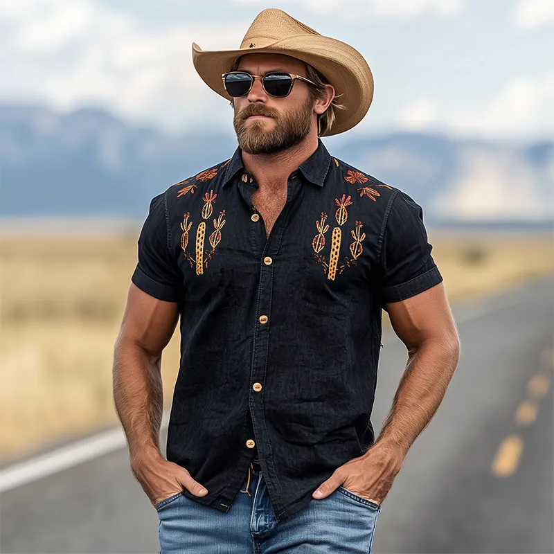 Men's Summer Casual American Retro Western Tough Style Black Washed Thin Denim Cactus Embroidered Slim Short-sleeved Pearl Snap Shirt MTA1040F3K sold by Manly product image thumbnail 3