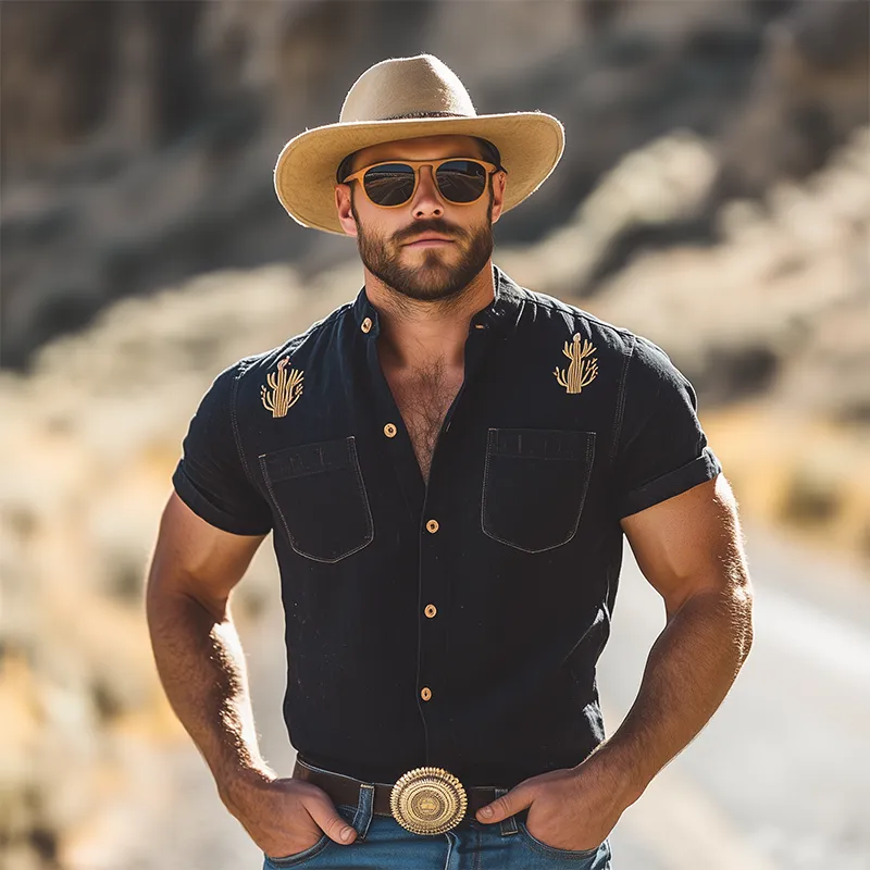 Men's Summer Casual American Retro Western Tough Black Washed Thin Denim Embroidery Slim Short-sleeved Shirt MTA1042F0K sold by Manly product image thumbnail 3