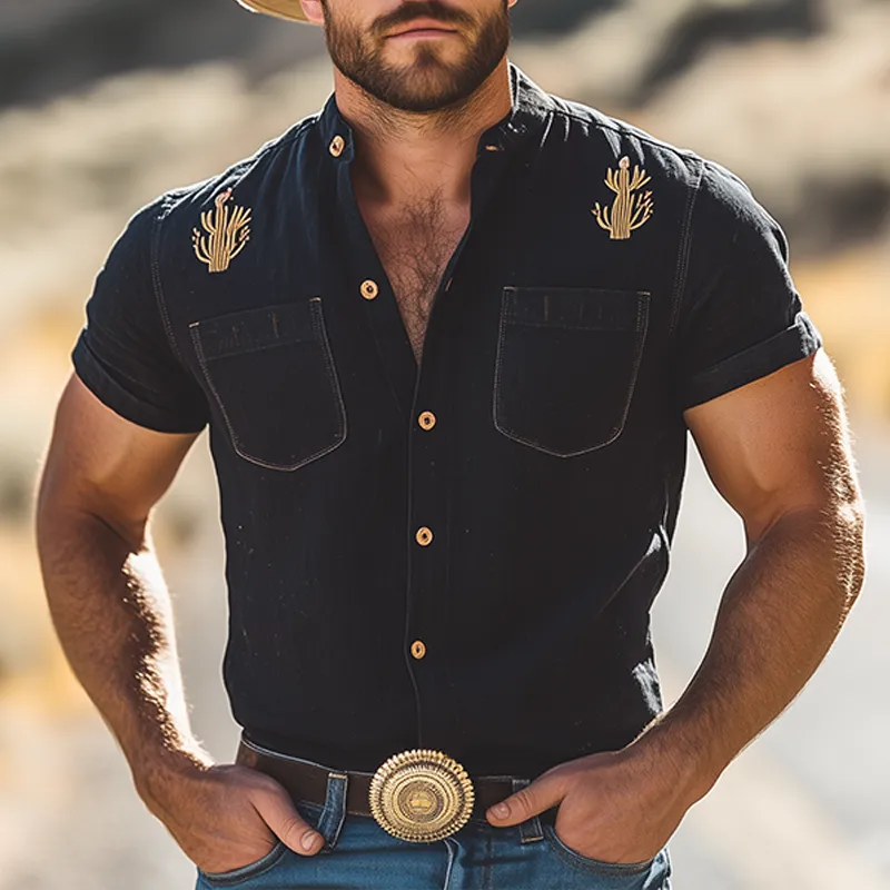 Men's Summer Casual American Retro Western Tough Black Washed Thin Denim Embroidery Slim Short-sleeved Shirt MTA1042F0K sold by Manly product image thumbnail 2