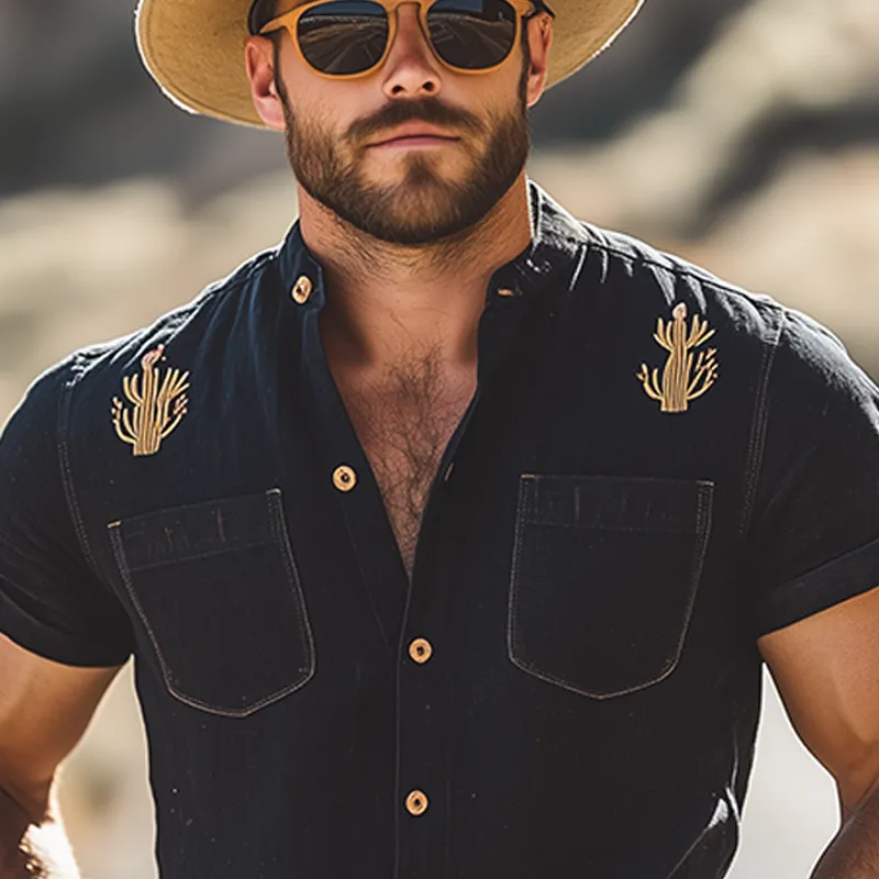 Men's Summer Casual American Retro Western Tough Black Washed Thin Denim Embroidery Slim Short-sleeved Shirt MTA1042F0K sold by Manly product image thumbnail 4