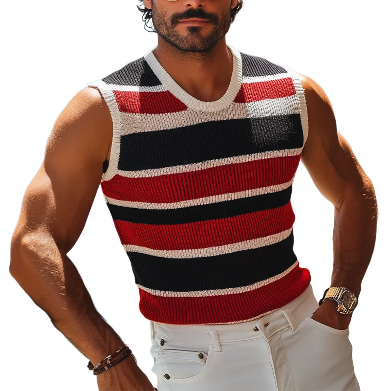 Men's Summer Fashion Casual Italian Sicilian Style Holiday Contrast Color Horizontal Striped Knitted Tank Top MTA1080F0K sold by Manly
