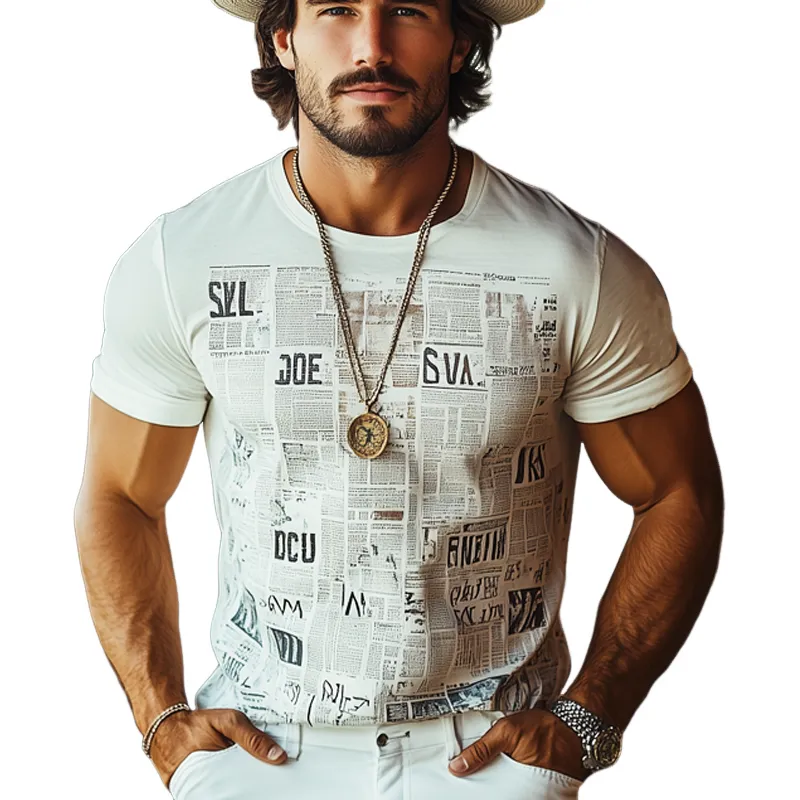 Men's Summer Fashion Newspaper Printed Round Neck Short Sleeve T-Shirt MTA1049F5U sold by Manly