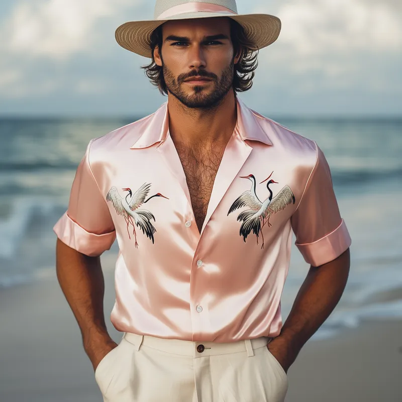 Men's Summer Satin Crane Embroidered Short Sleeve Shirt MTA1081F4U sold by Manly product image thumbnail 3