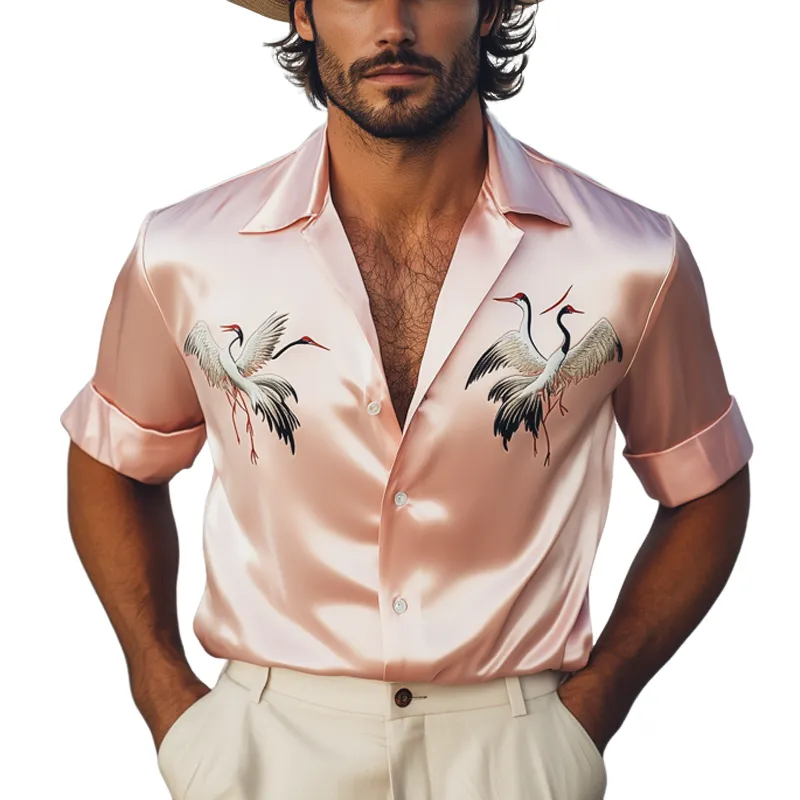 Men's Summer Satin Crane Embroidered Short Sleeve Shirt MTA1081F4U sold by Manly