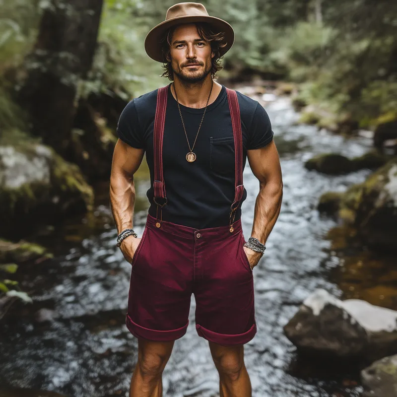 Men's Summer Classic Retro Solid Color Bib Shorts MTA1109F8U sold by Manly product image thumbnail 3