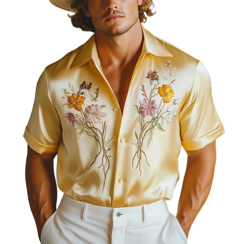 Men's Luxurious Satin Exquisitely Embroidered Short Sleeve Shirt MTA1049F0U sold by Manly