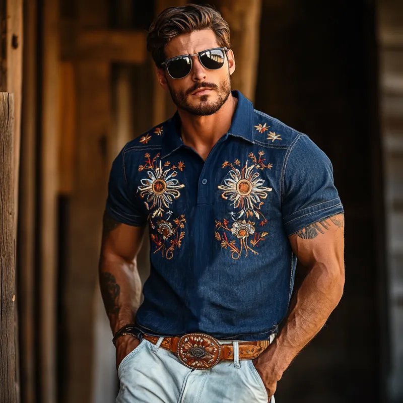 Men's Western Style Embroidered Denim Short Sleeve Polo Shirt MTA1002F6Y sold by Manly product image thumbnail 3