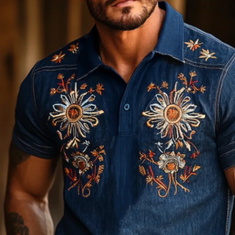 Men's Western Style Embroidered Denim Short Sleeve Polo Shirt MTA1002F6Y sold by Manly product image thumbnail 2