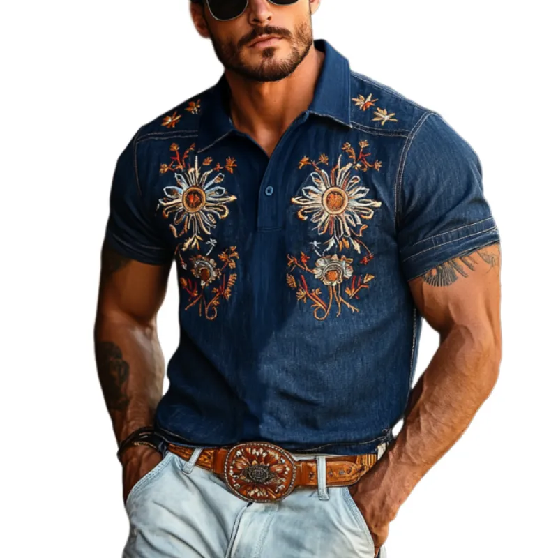 Men's Western Style Embroidered Denim Short Sleeve Polo Shirt MTA1002F6Y sold by Manly