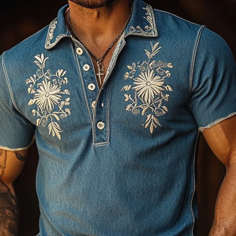 Men's Western Style Embroidered Denim Short Sleeve Polo Shirt MTA1033F0Y sold by Manly product image thumbnail 2