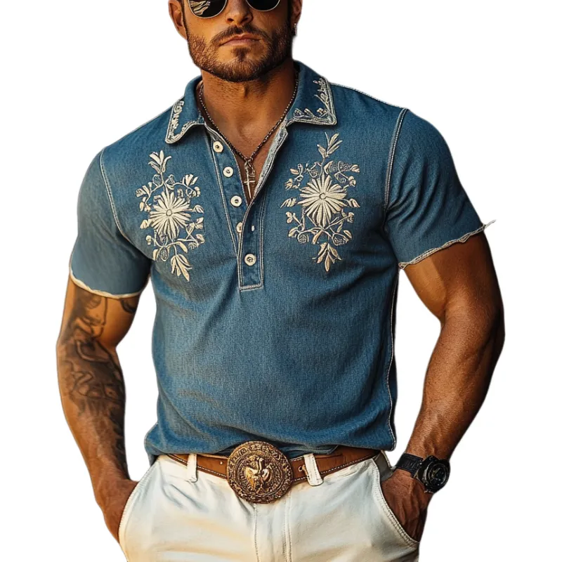 Men's Western Style Embroidered Denim Short Sleeve Polo Shirt MTA1033F0Y sold by Manly