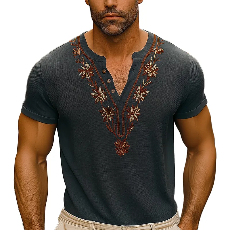 Men's Summer Fashion Embroidery Lightweight Knitted Short Sleeve V-Neck T-Shirt MTA1198F8P sold by Manly
