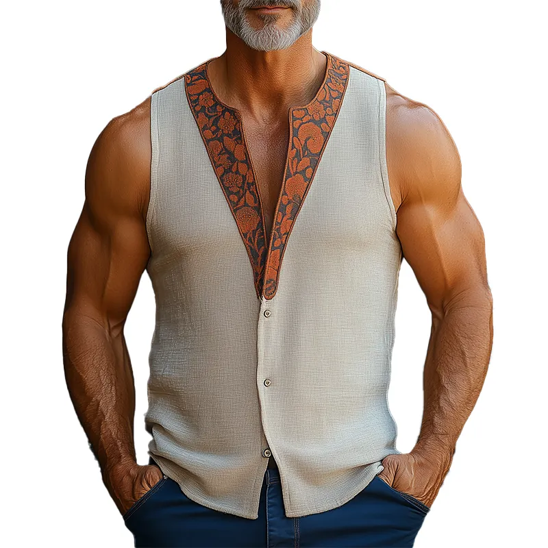 Men's Summer Fashion Printed Contrast Color Linen Sleeveless Shirt MTA1191F2P sold by Manly