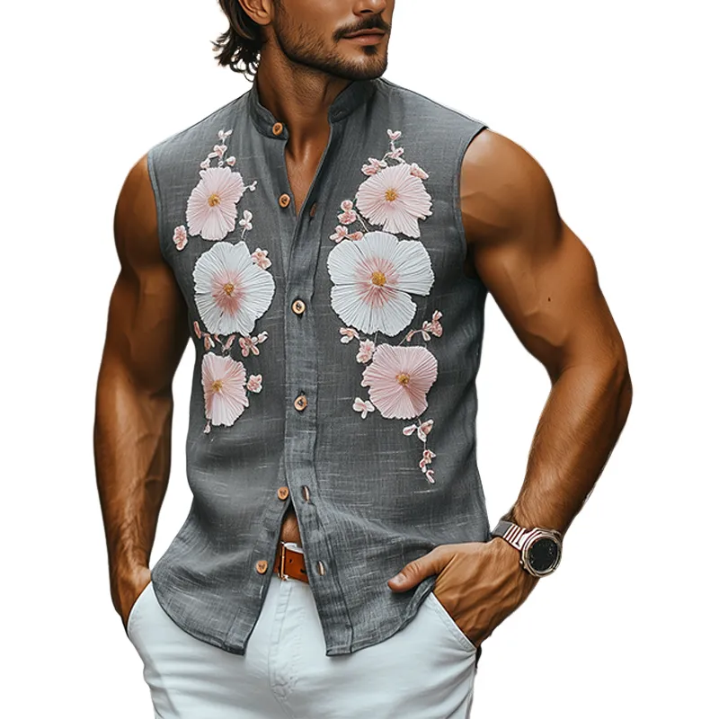 Men's Spring And Summer Casual Sicily Style Stand-up Collar Towel Embroidery Cotton And Linen Slim Sleeveless Shirt MTA1012F4K sold by Manly