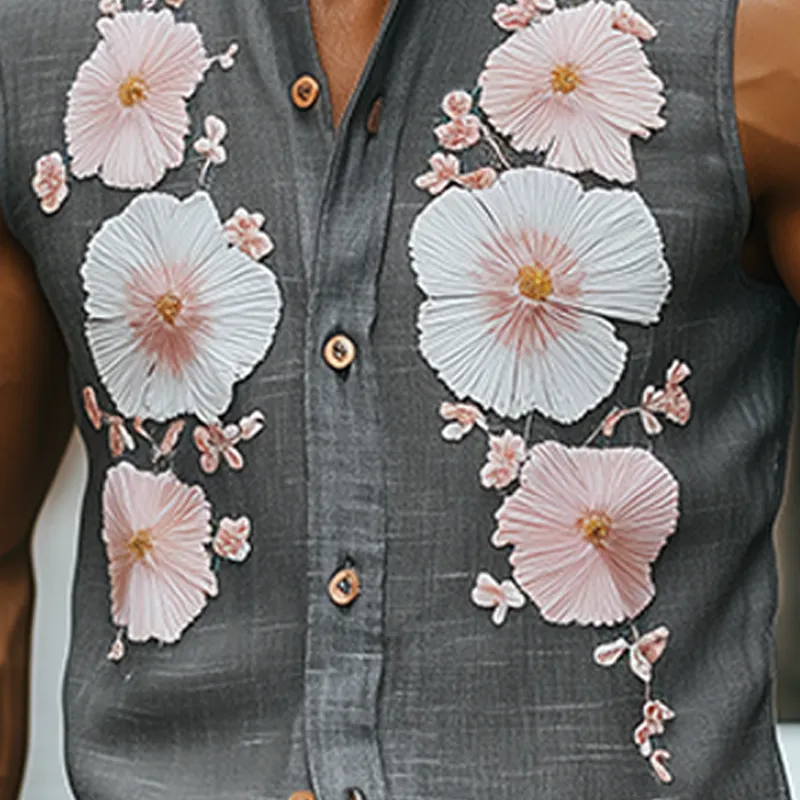 Men's Spring And Summer Casual Sicily Style Stand-up Collar Towel Embroidery Cotton And Linen Slim Sleeveless Shirt MTA1012F4K sold by Manly product image thumbnail 5