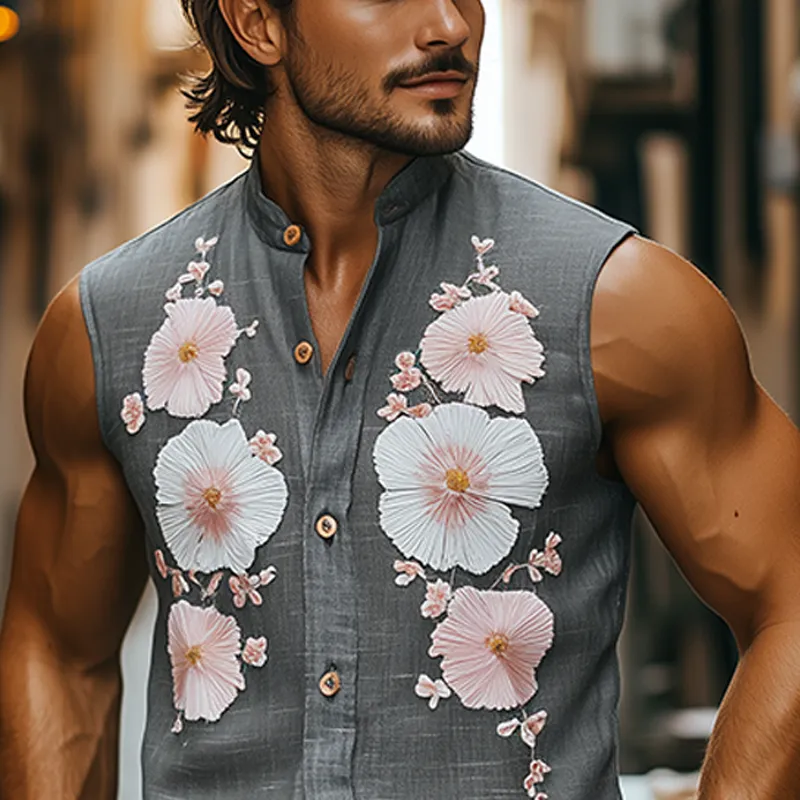 Men's Spring And Summer Casual Sicily Style Stand-up Collar Towel Embroidery Cotton And Linen Slim Sleeveless Shirt MTA1012F4K sold by Manly product image thumbnail 4