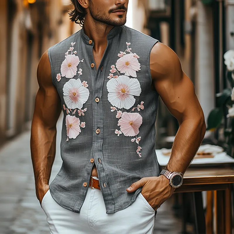 Men's Spring And Summer Casual Sicily Style Stand-up Collar Towel Embroidery Cotton And Linen Slim Sleeveless Shirt MTA1012F4K sold by Manly product image thumbnail 2