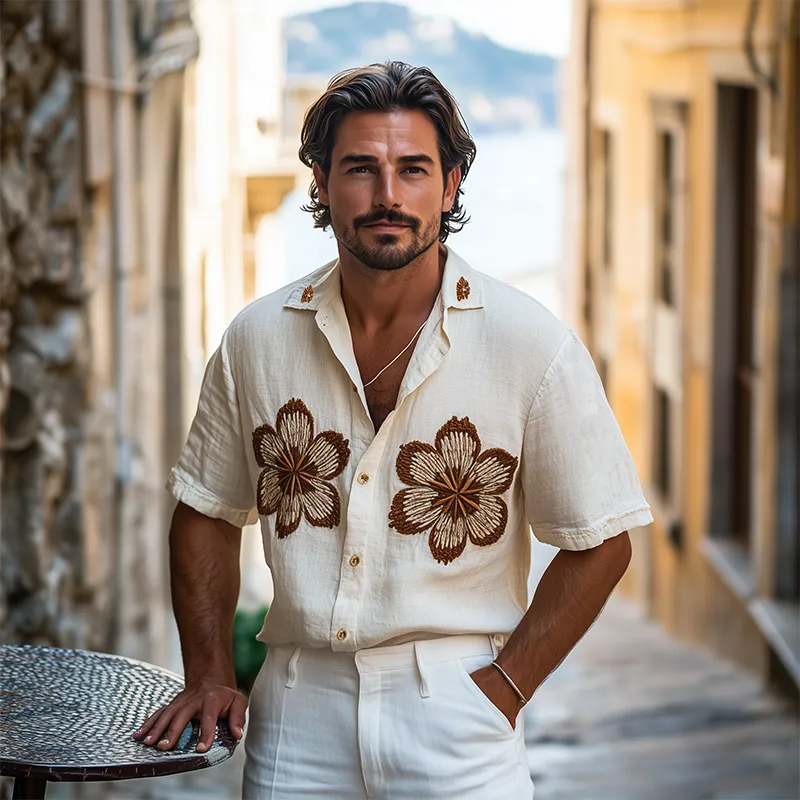 Men's Spring And Summer Casual Sicily Style Flower Three-dimensional Towel Embroidered Cotton And Linen Short-sleeved Shirt MTA1096F1K sold by Manly product image thumbnail 5