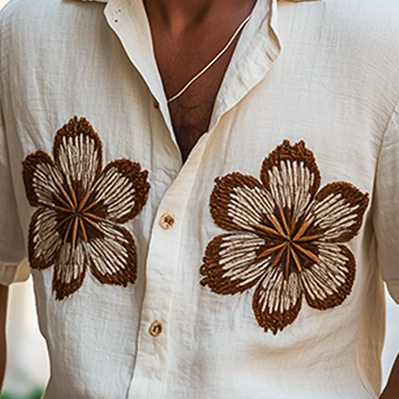 Men's Spring And Summer Casual Sicily Style Flower Three-dimensional Towel Embroidered Cotton And Linen Short-sleeved Shirt MTA1096F1K sold by Manly product image thumbnail 2