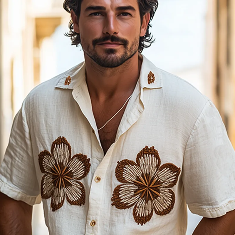 Men's Spring And Summer Casual Sicily Style Flower Three-dimensional Towel Embroidered Cotton And Linen Short-sleeved Shirt MTA1096F1K sold by Manly product image thumbnail 4